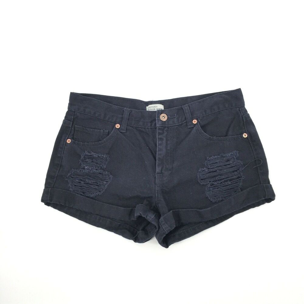 Forever 21 Distressed Mid Rise Shorts Size 28 Dark Navy Blue Jean Cuffed Ripped
